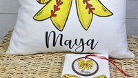 personalized softball coquette bow throw pillow with name, cute softball gifts for team, softball senior gifts for girls, softball bow rally