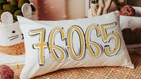 custom zip code pillow lumbar decorative bed pillow cover cute dorm pillows for girls, moving gift for daughter, purple school spirit decor