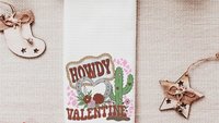 Howdy Valentines hand towels for besties, funny kitchen towels for couples, southwestern style Valentines kitchen decor, Galentines Day gift