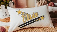Personalized cherry red name pillow for dorm room, long pillows for full beds girls bedroom decor teen girl gifts, red school spirit accent
