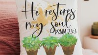 he restores my soul succulent throw pillow for bedroom, Psalm 23 gift, Bible verse throw pillow covers 18 x 18, Christian gifts for sister