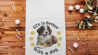 life is better with a dog tennis towel, Bernese mountain dog sweat towel with loop, best gifts for dog lovers, gym bag accessories, unique