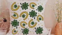 lucky charm gold horseshoe St Patricks day throw pillows for sectional, leopard print green shamrock St Pattys day kitchen towels, Irish