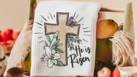 he is risen Easter cross Easter kitchen towels for Mom, Matthew 28:6 Christian Easter decor gift, religious hand towels for church, faith