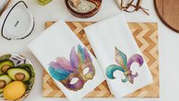Mardi Gras carnival mask kitchen towels for gifts, watercolor fleur de lis hand towels for every season, Fat Tuesday decor, unique gifts for