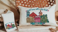 custom main street Valentine throw pillows 12 x 20, personalized small town big heart tea towel for couples, zip code home gift for in laws