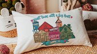 custom main street Valentine throw pillows 12 x 20, personalized small town big heart tea towel for couples, zip code home gift for in laws