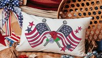 American flag lumbar throw pillows for porch, Americana decor with red floral 4th of July home decor, patriotic gifts for women, military