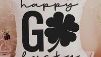 happy go lucky St Patricks day throw pillows for couch, St Patricks day kitchen towels, St Pattys decor, shamrock hand towels for bathroom