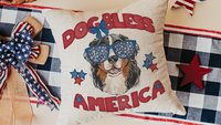 dog bless America 4th of July throw pillows for guest room, red white and blue patriotic dog gift for owner, Bernese mountain dog decor for
