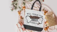 personalized will train for kibble dog name totes for women, dog mom tote bag for her, agility dog training accessories, dog lover gifts for