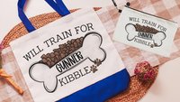 personalized will train for kibble dog name totes for women, dog mom tote bag for her, agility dog training accessories, dog lover gifts for