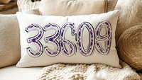 custom zip code pillow lumbar throw pillow for bed, new home gifts for girls, purple plaid pillow for window seat, real estate office decor