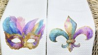 Mardi Gras carnival mask kitchen towels for gifts, watercolor fleur de lis hand towels for every season, Fat Tuesday decor, unique gifts for
