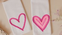 faux yarn pink heart kitchen towels, cute Valentines kitchen decor, fun Valentines gifts for friend, knitting gifts for knitters, best gifts