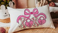 pink bow Valentines coquette lumbar throw pillows for couch, xoxo Valentines kitchen towels for bride, key to my heart decorative pillows