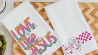love like Jesus whimsical Christian kitchen towels, cute Christian gifts for sisters, pink checkered floral kitchen decor, faith kitchen