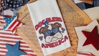 dog bless America 4th of July kitchen towel for bbq, red white and blue patriotic dog hand towel for gifting, bulldog dog gift