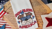 dog bless America 4th of July kitchen towel for bbq, red white and blue patriotic dog hand towel for gifting, bulldog dog gift