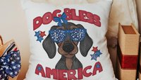 dog bless America dachshund kitchen towels for dog lovers, red white and blue patriotic dog gift for owners, wiener dog hand towels for