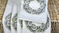 oyster shell wreath with bow kitchen towels for gifts, oyster decor, coastal hand towel for guest bathroom, beachy home decor gift for her
