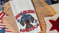 dog bless America dachshund kitchen towels for dog lovers, red white and blue patriotic dog gift for owners, wiener dog hand towels for