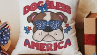 dog bless America English bulldog throw pillows for sunroom, red white and blue patriotic dog gift for owners, 4th of July bulldog decor