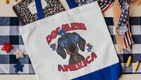 patriotic tote bag for dog supplies, unique dog mom gifts, dachshund tote for summer, wiener dog bag for doggie things, doxie gifts, sausage