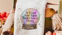 custom quote funny hand towels for bathroom, at least your mom thinks you're pretty crystal ball decor, sassy gift for best friends, snarky
