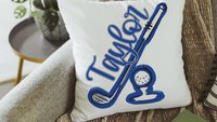 Personalized columbia blue name golf pillow for couch, golf mom era room decor pillow, lady golfer throw pillow for bed, cute golf gifts for