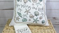 he restores my soul Psalm 23:3 Bible verse throw pillows for bed, Christian gifts for best friends, seashell coquette kitchen towels, beach