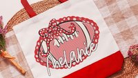 personalized powderpuff football coquette tote bag for teenage girls, football mom gifts, red school spirit accessories for teachers, cheer