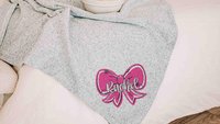 Personalized carolina blue coquette bow name blanket, college gifts for best friend, trendy aesthetic throw blankets for college apartment