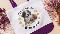 life is better with a dog bernese mountain dog tote bag for dog lover, bernese dog mom dog walking bag for women, cute dog gifts beach bag