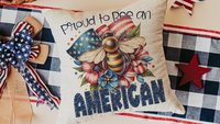 proud to be an American bumble bee throw pillows for living room, honey bee gifts for women, 4th of July accent pillows for couch, patriotic