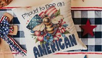 proud to be an American bumble bee throw pillows for living room, honey bee gifts for women, 4th of July accent pillows for couch, patriotic