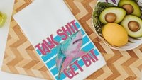 get bit funny kitchen towels for summer, beach house gifts, shark hand towels for guest bath, great white shark gifts for women, new smyrna