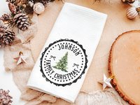 Personalized black stamp family name farmhouse Christmas kitchen towel