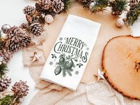 Evergreen Merry Christmas throw pillow & towel gift for couple