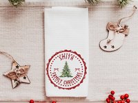 Personalized green stamp family name farmhouse Christmas kitchen towel