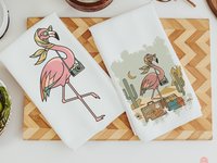 Retro travel boho flamingo throw pillows & towels for vacation home owner