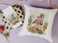 Retro travel boho flamingo throw pillows & towels for vacation home owner