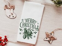 Evergreen Merry Christmas throw pillow & towel gift for couple