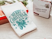 Vintage Merry Christmas throw pillow for sofa, Christmas housewarming gift for couple, farmhouse Christmas kitchen towel, teal Christmas