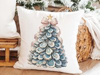 CapableByDesign oyster shell Christmas tree with pink bow pillows and matching towels