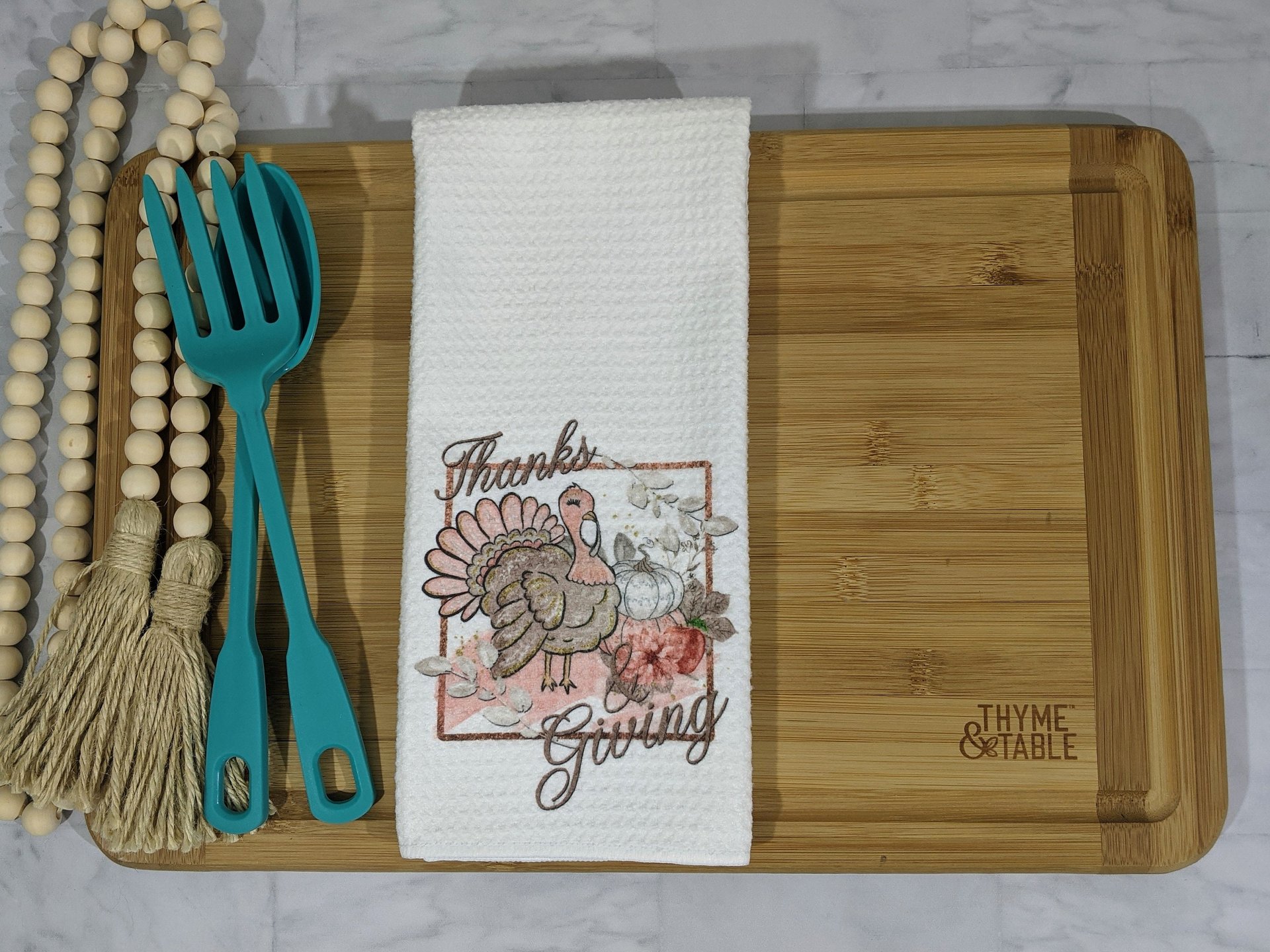 blush pink Thanksgiving kitchen towels for fall, cute Thanksgiving turkey decor, Thanksgiving hostess gift for women, white pumpkin hand