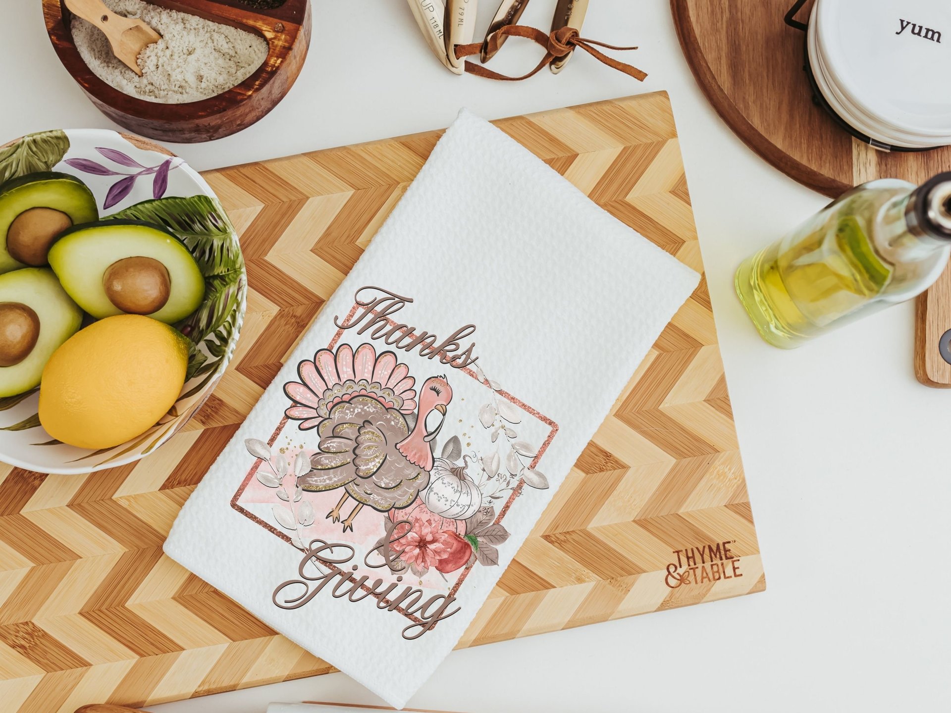 blush pink Thanksgiving kitchen towels for fall, cute Thanksgiving turkey decor, Thanksgiving hostess gift for women, white pumpkin hand