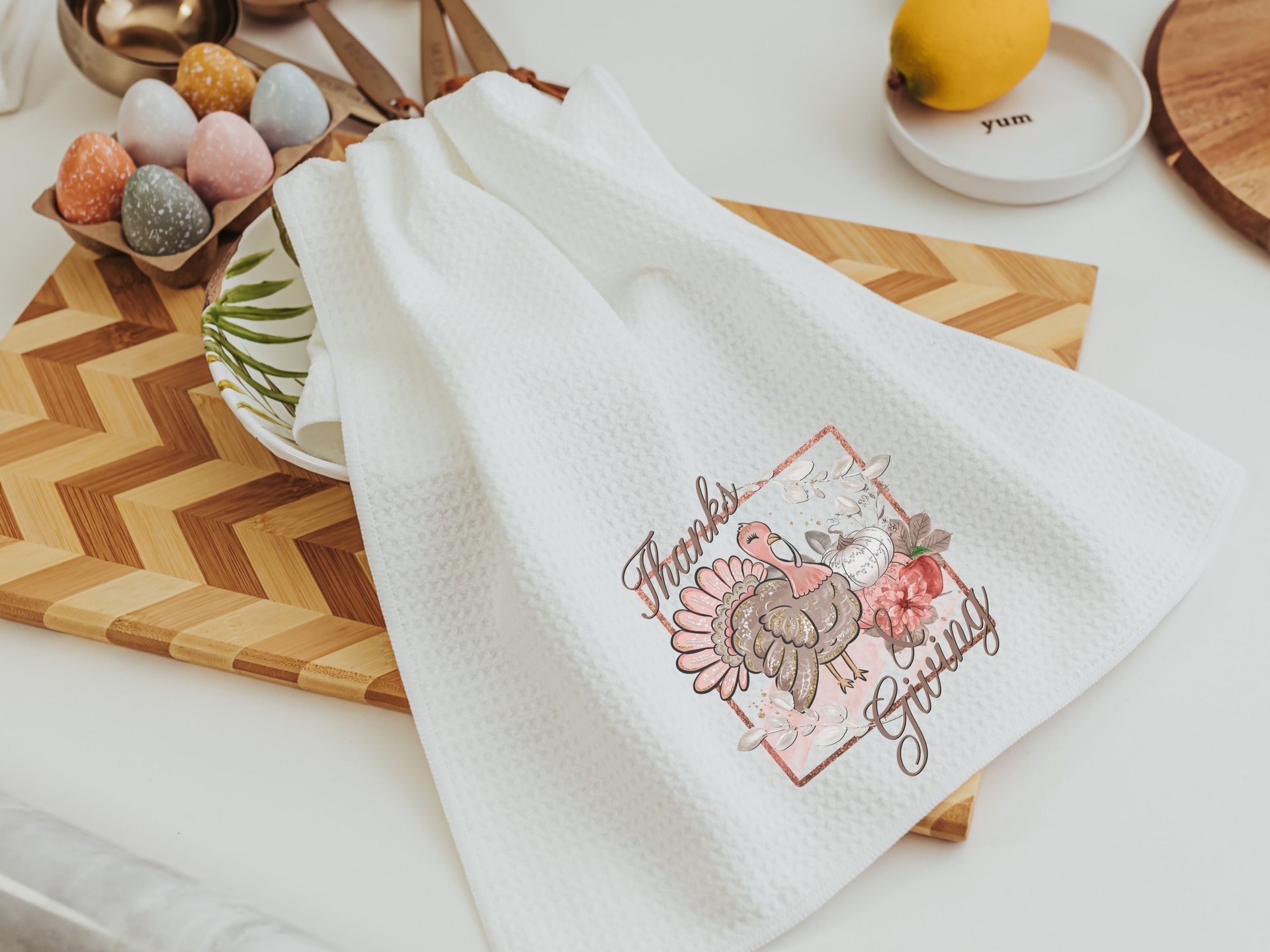 blush pink Thanksgiving kitchen towels for fall, cute Thanksgiving turkey decor, Thanksgiving hostess gift for women, white pumpkin hand