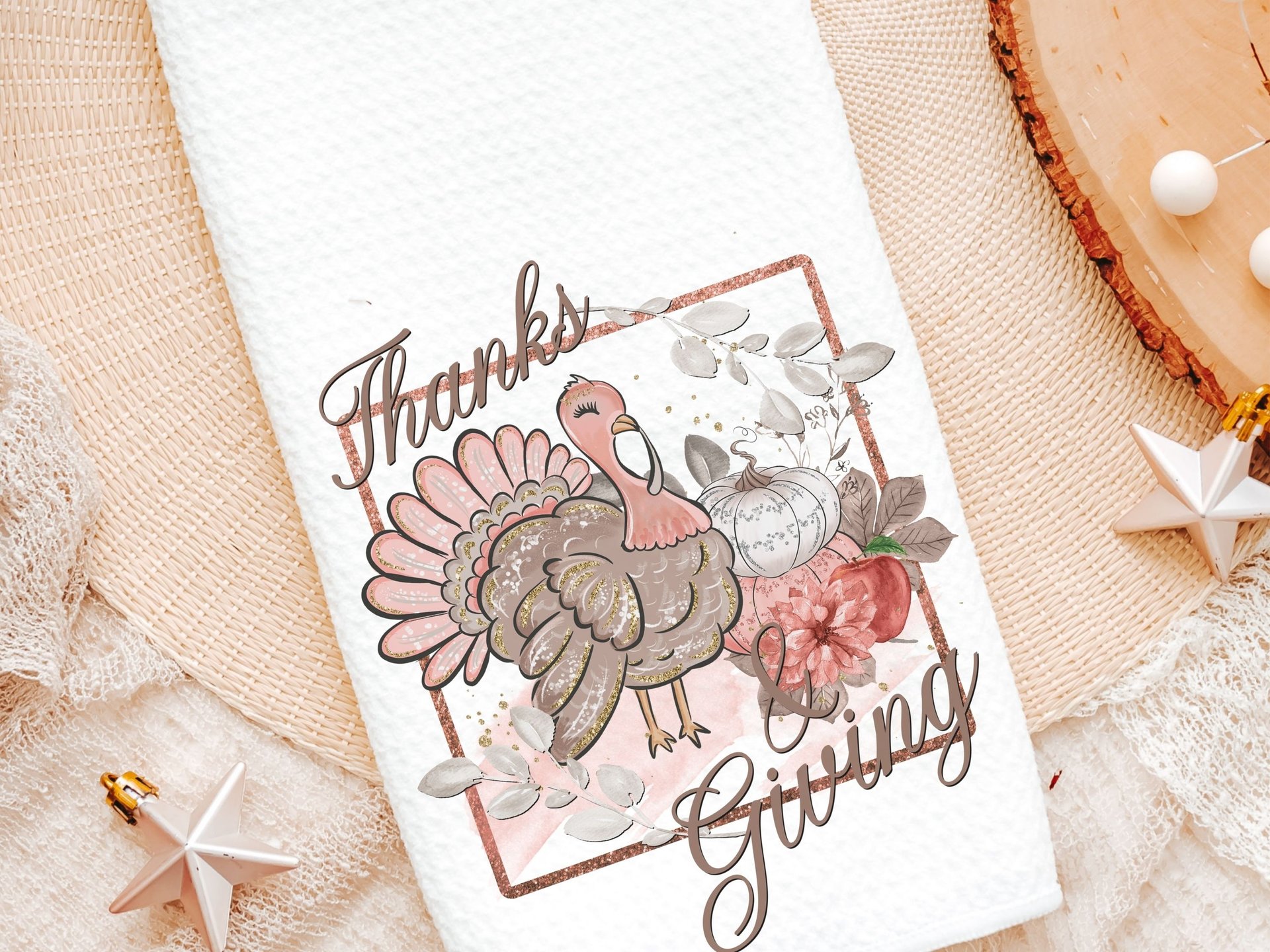 blush pink Thanksgiving kitchen towels for fall, cute Thanksgiving turkey decor, Thanksgiving hostess gift for women, white pumpkin hand