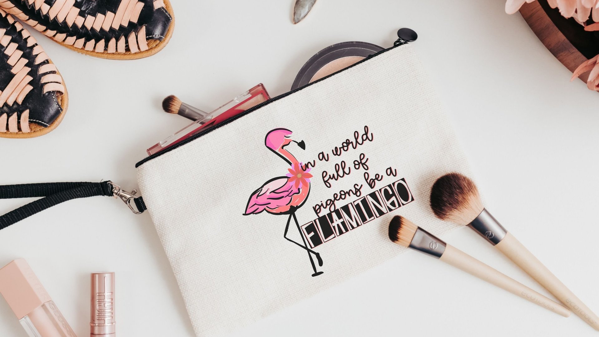 in a world full of pigeons be a flamingo cosmetic bag for purse, cute flamingo makeup bag for women, Easter basket stuffers for teenage girl